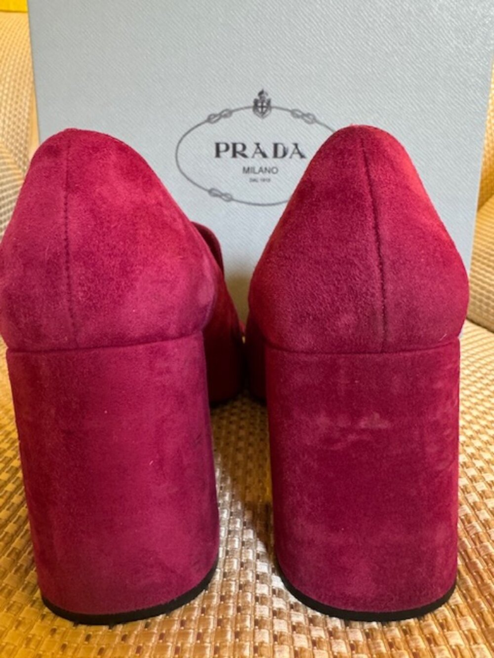 Prada Fuchsia Suede Kiltie Fringe Block Heel Loafer Pumps, size 7 - Picture 5 of 8